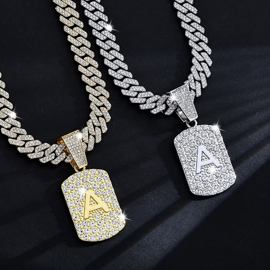 Trendy Cool Letter Pendant Cuban Chain Zinc Alloy Fashion Full Diamond Rap Hip Hop Necklace