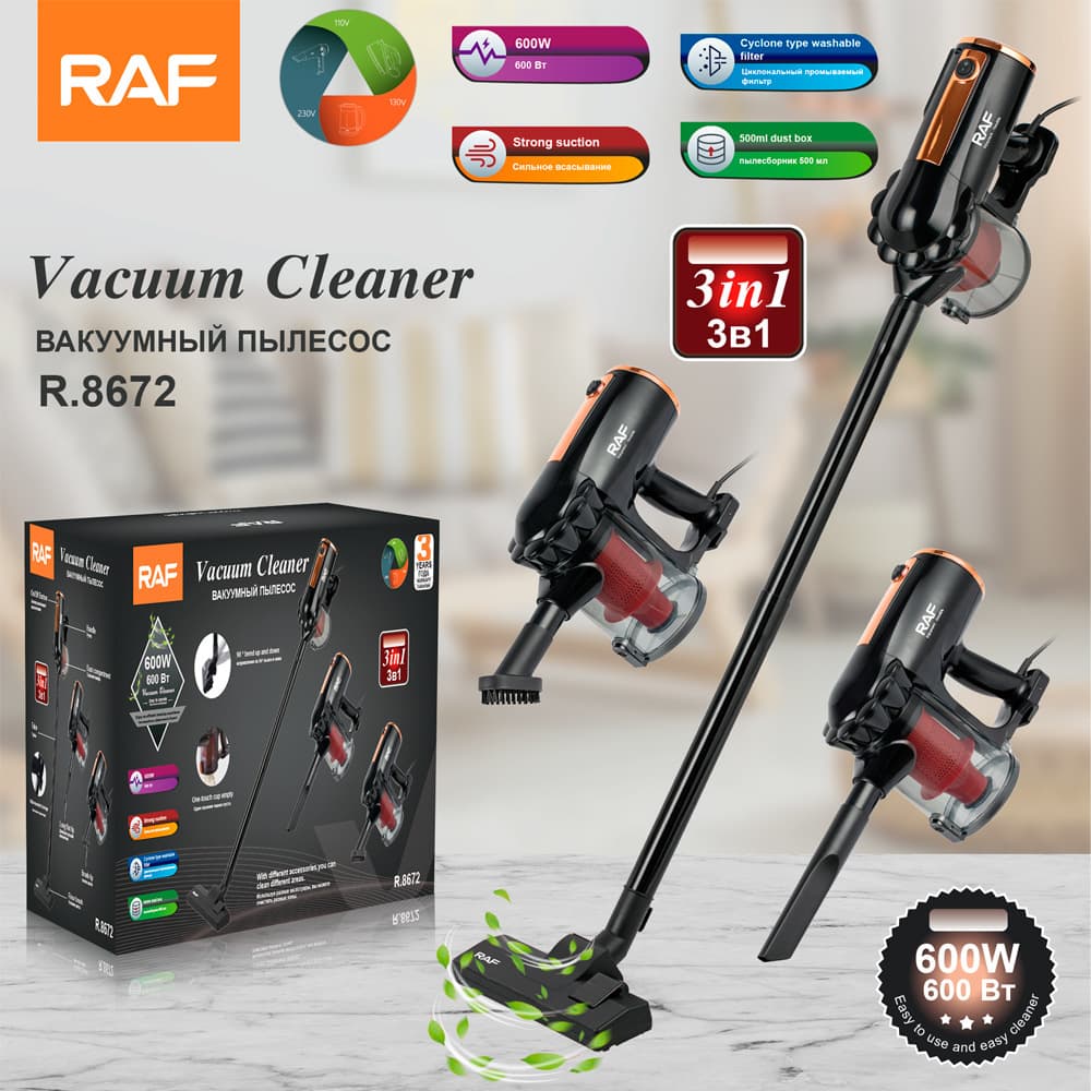 RAF 600W Powerful Handheld Vacuum Cleaner With 10KPA Suction, 2M Cord, Flat Nozzle - 110V/220V For Home, Car, Office (Multiple Plug Options)