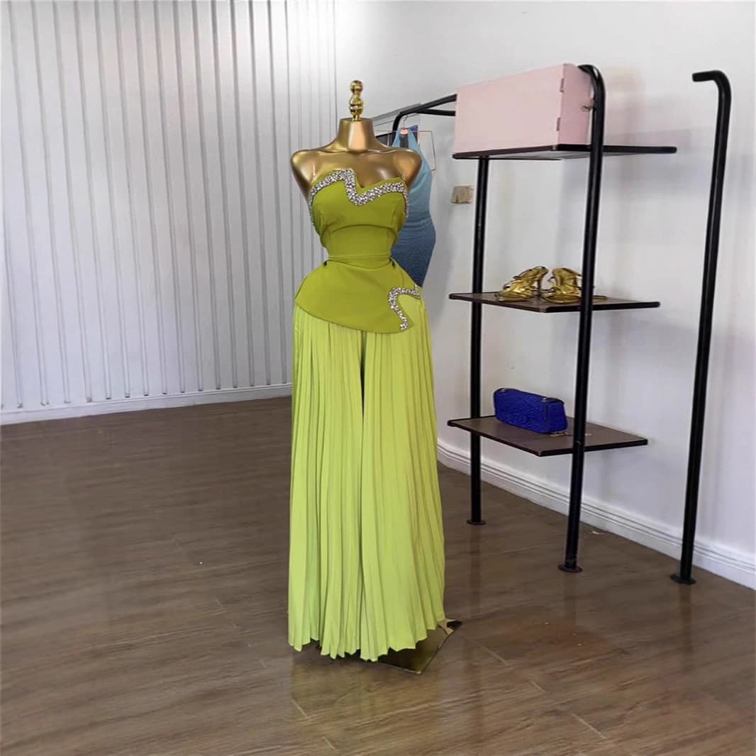 Women's Summer Strapless Beaded Top With Asymmetric Hem And High-Waisted Pleated Wide Leg Pants 2-Piece Set