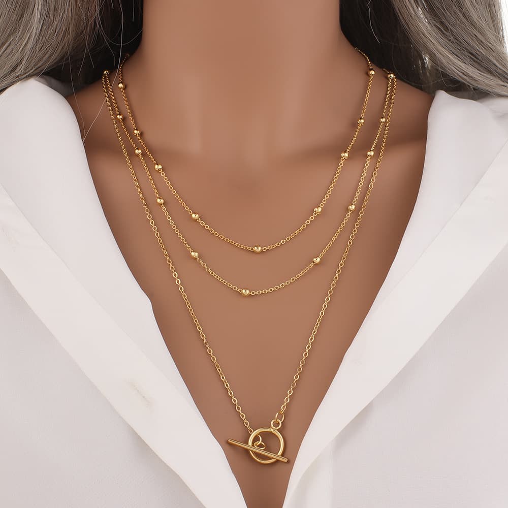 Three layer stacked sweater chain long high end gold plated necklace female versatile autumn and winter clavicle chain