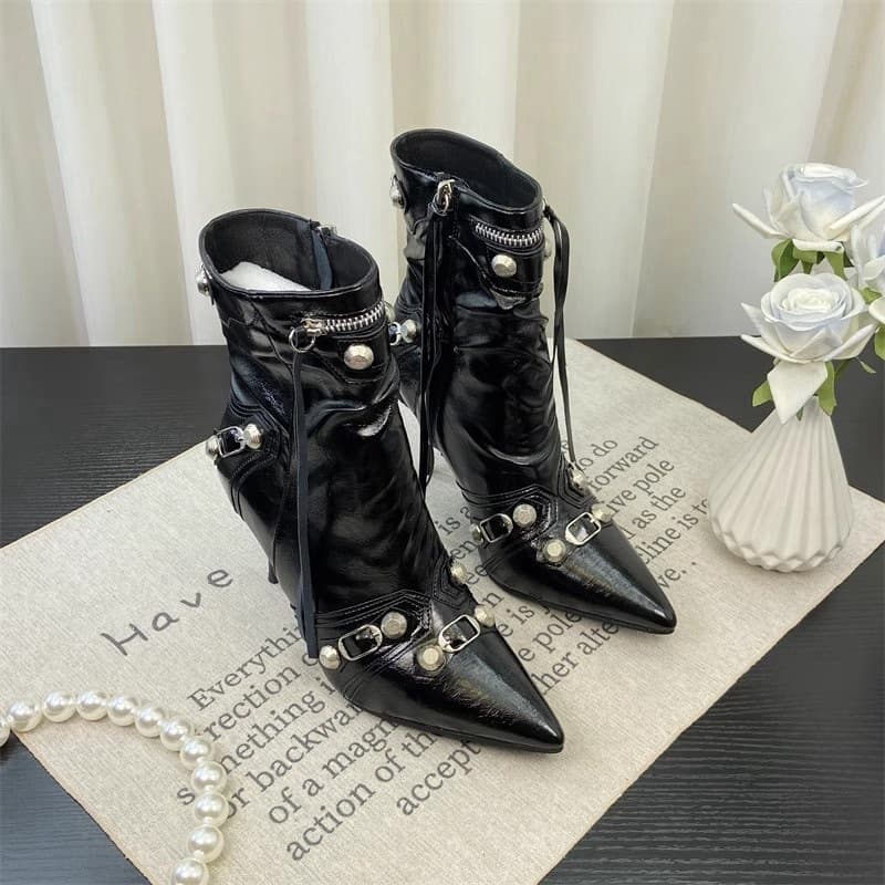 Pointed Toe Rivet Short 2024 Autumn Winter Black Side Zipper Fashion High Heel Punk Style Motorcycle Boots