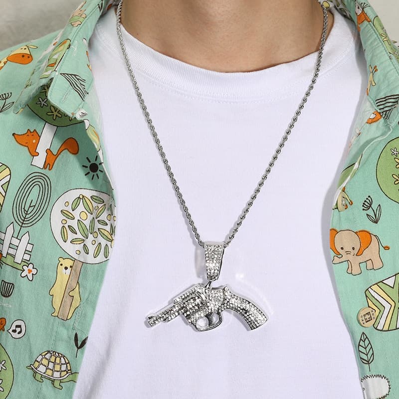 Hip hop men's jewelry trendy exaggerated full diamond gun pendant Cuban chain accessories necklace neck chain
