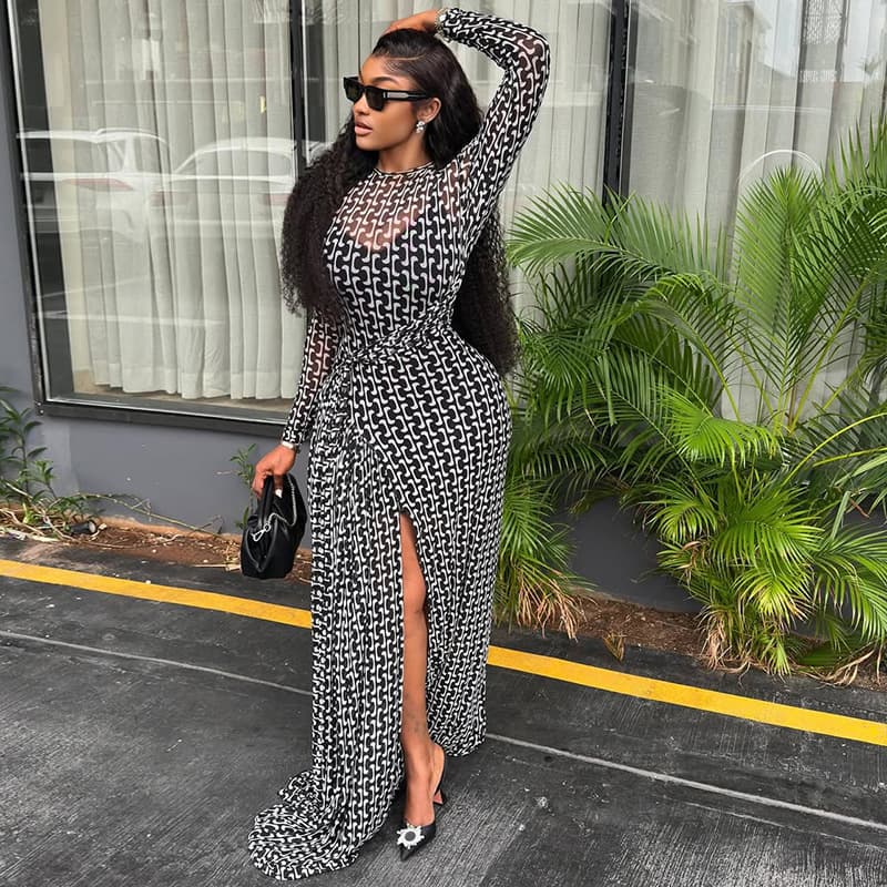 Abstract Print Wrap Dress – High-Neck, Long Sleeve, Bodycon With Side Slit (Milk Silk Poly-Spandex, S/M/L, Black, Euro Office-to-Outing Dress)​