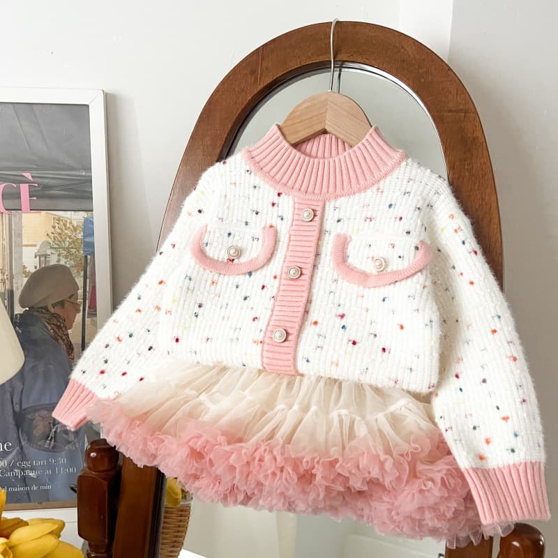 Girls Sweater Thick New Style Outer Wear Small Fragrance Style Korean Version Cardigan Puffy Skirt Sweet Knitted Sweater Girl Children
