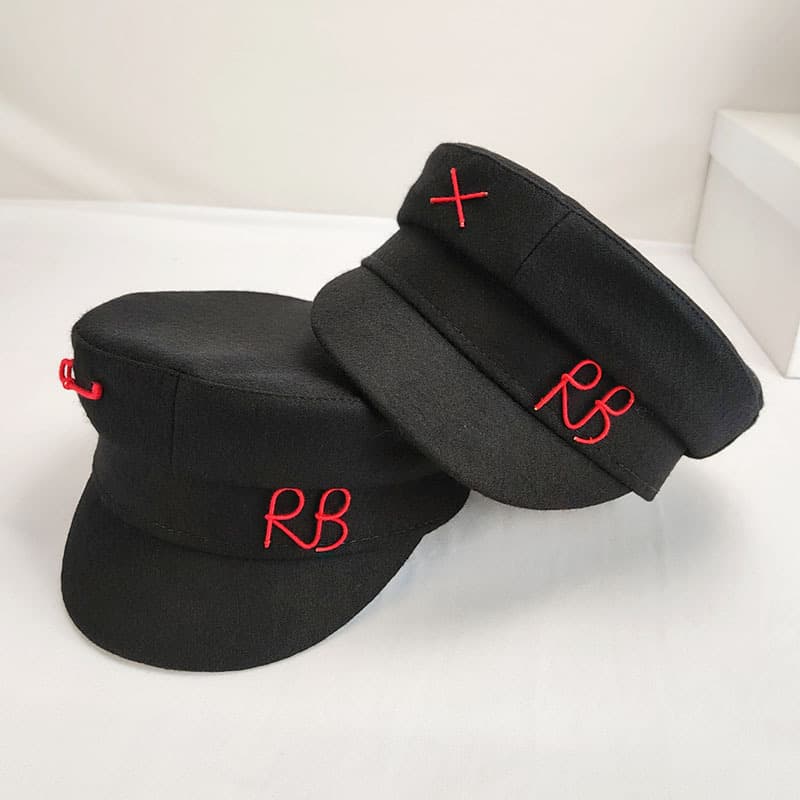 Autumn Winter New Fashion RB English Embroidery Navy Hat Outdoor Warm Woolen Peaked Newsboy Cap Women