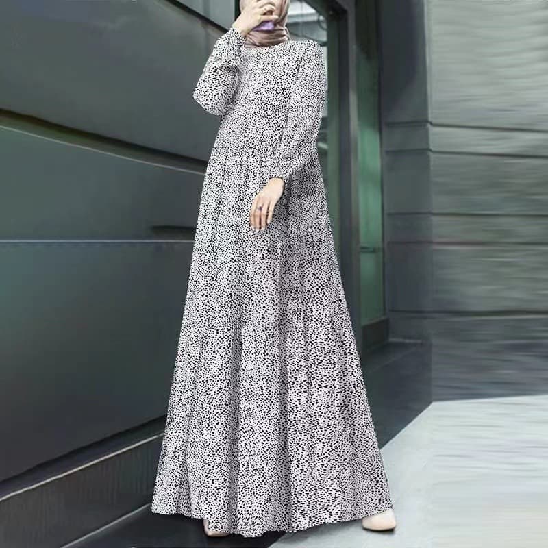 Women's Muslim comfortable and casual polka dot long-sleeved pullover loose waist long dress
