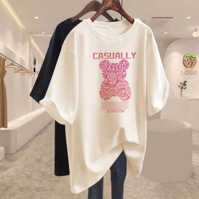​​Women's Clothing Oversized Bear Print Short Sleeve Tee – European Fit Cotton Tunic With Hip Coverage | S-3XL (8 Colors)​​