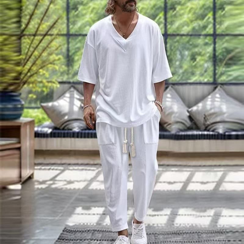 Men's Clothing Cotton And Linen V Neck T Shirt Casual Short Sleeved Trousers Beach Suit