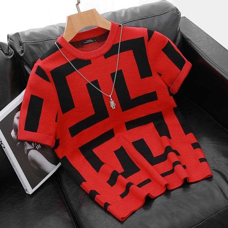 Men's Clothing Autumn And Winter Thickened Round Neck Pullover Short Sleeved Men's Wool Knitted Sweater Striped Jacquard Top