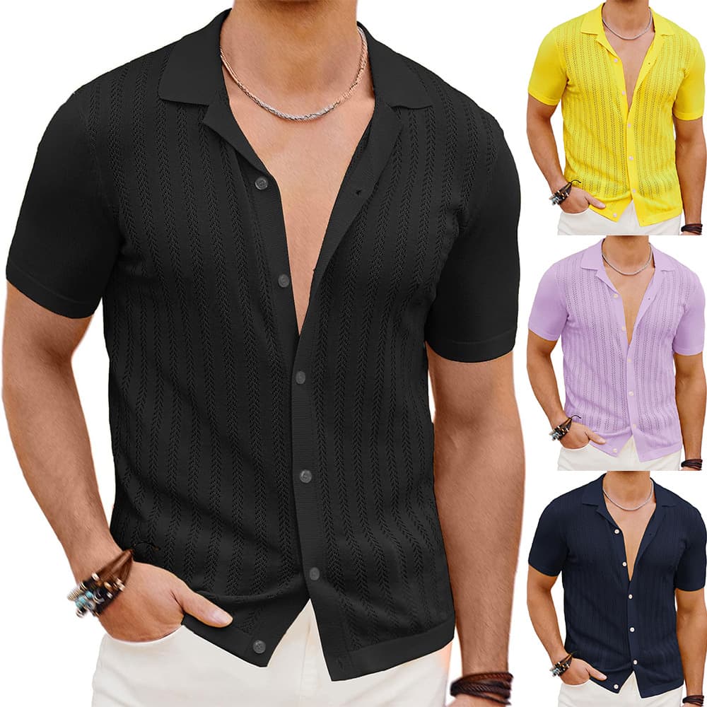 Men's Clothing Casual Knitted Cardigan Summer Cool Hollow Short Sleeved Men's Shirt Solid Color Men's Tops