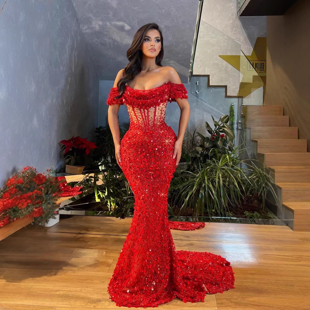 Women's Clothing Fashion New One Shoulder Red High Waist Slim Fit Toast Banquet Party Sequin Evening Dress