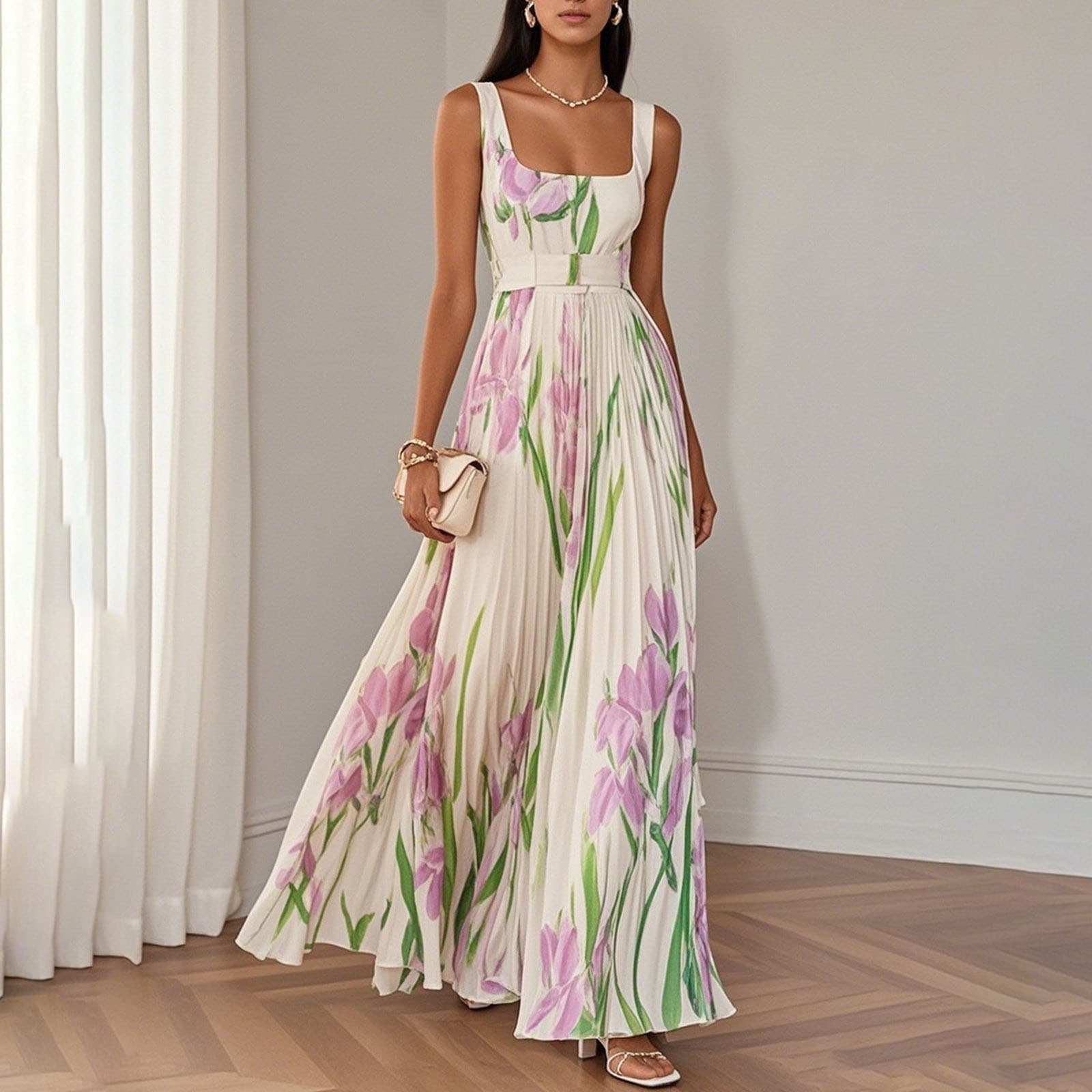 Women's Clothing Formal Pleated Floral Dress Elegant A-Line Evening Gown With Ruffled Hem Stretchy Polyester Blend For Weddings Parties
