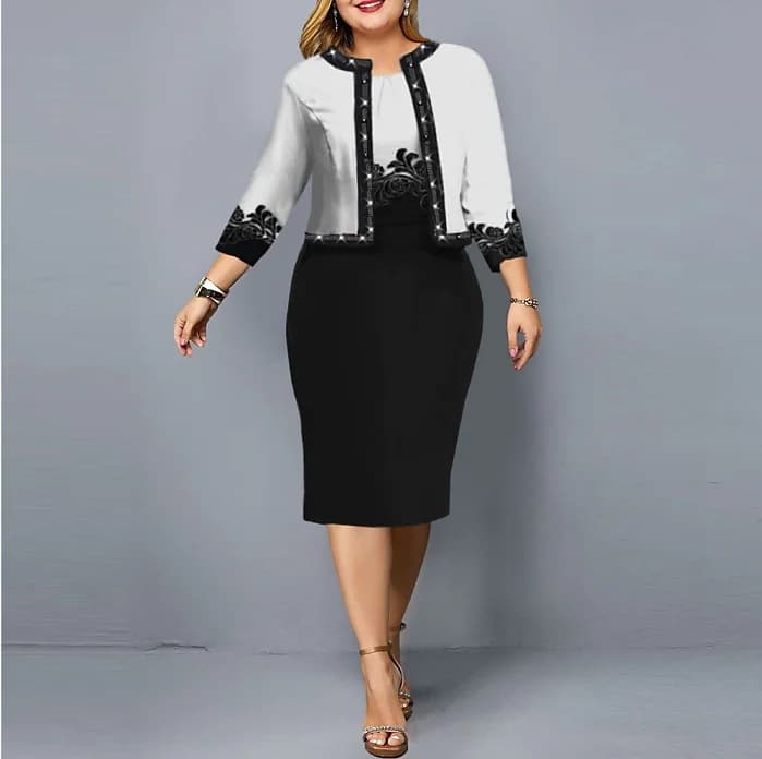 Women's three-quarter sleeve digital printing two-piece suit plus size women's dress hip skirt suit