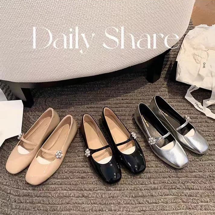 Cowhide Version Flower Diamond Square Head Rhinestone Buckle Strap Flat Bottom Mary Jane Ballet Shoes For Women