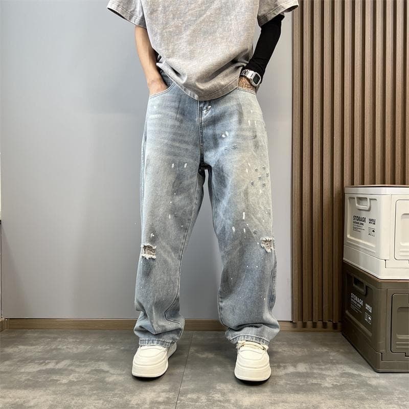 ​​Women's High-Waisted Distressed Paint-Splatter Jeans – Vintage Streetwear & Oversized Straight Leg | Washed Denim | Retro Graffiti Aesthetic