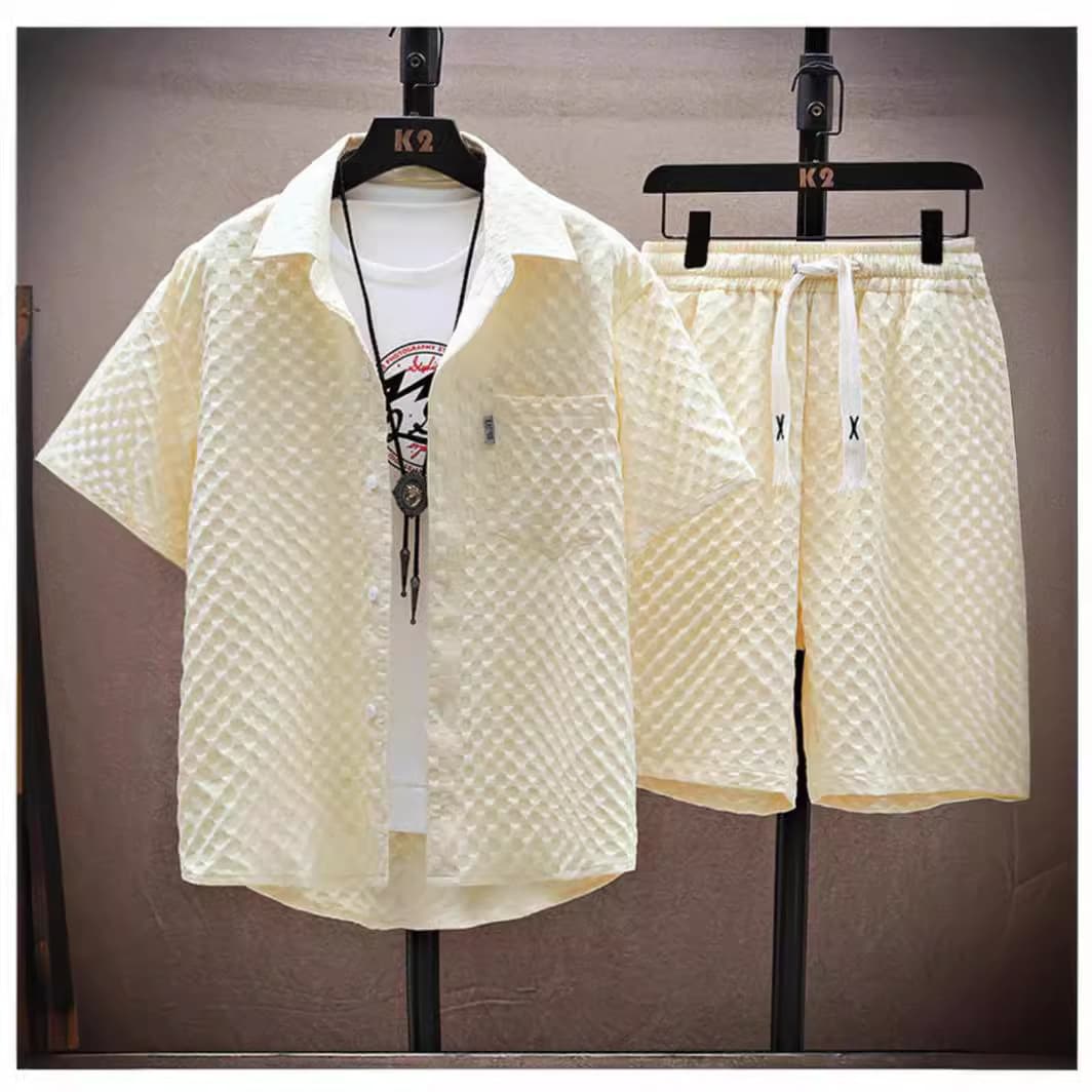 Men's Clothing Summer Ice Silk Suit For Men, Handsome Trendy Short-sleeved Shirt And Shorts, A Set Of Plaid Thin Sports And Leisure Two-piece Suit