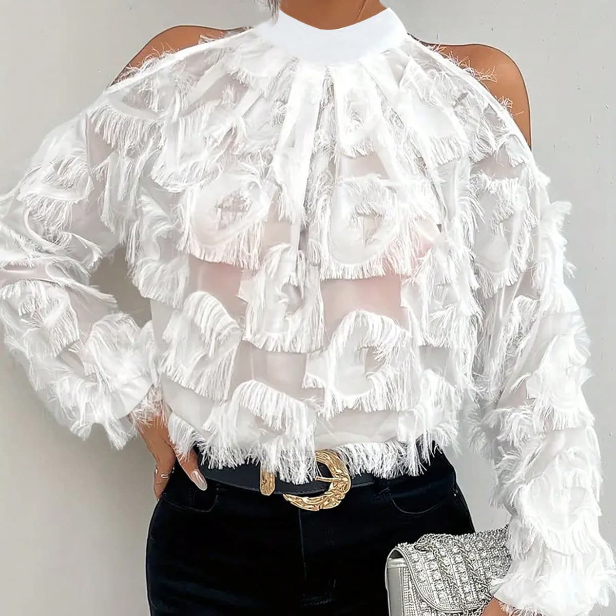 Women's Clothing Spring And Autumn Women's Clothing Off Shoulder Long Sleeved Semi Transparent Fashionable And Elegant Tops