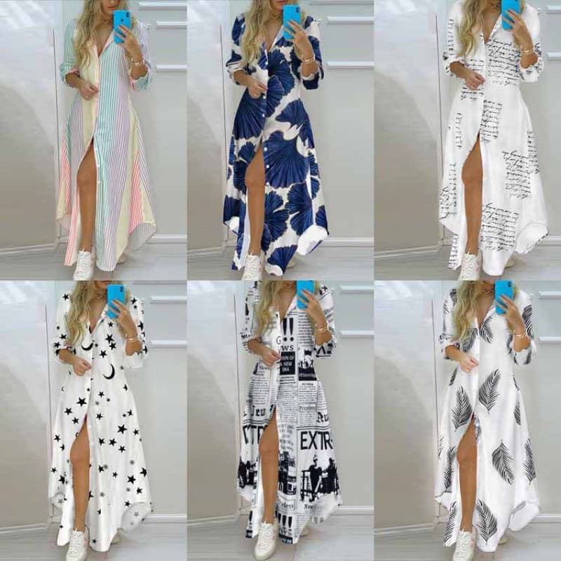 Robe chemise longue fendue à simple boutonnage imprimée pour femme, vêtement de printemps, commerce extérieur