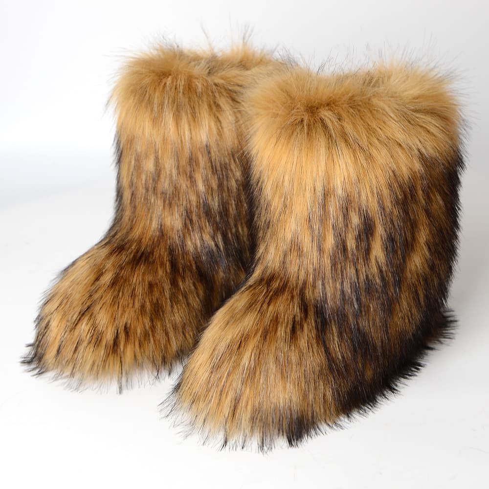Cross-border European And American Flat High-top Warm Winter Fur Boots Deep Mouth Round Toe Mid-calf Fox Fur Snow Boots For Women
