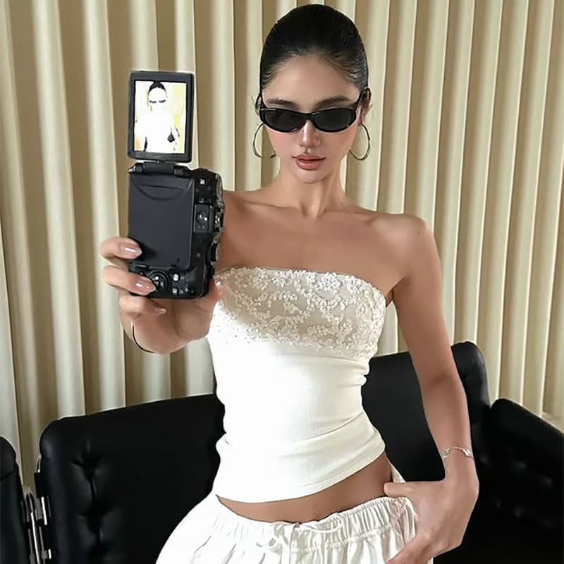 2025 New European And American Style Patchwork Sequin Strapless White Sleeveless Slim Fit Design One-Shoulder Sexy
