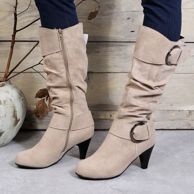 Fall and winter boots new knee-short mid-boot suede high heels size 40-43 belt buckle ankle boots