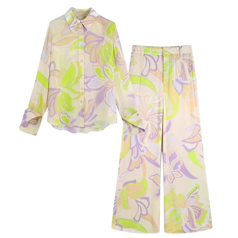 Women's Retro Floral Print Shirt & Straight Pants Set – Elegant Office Wear, Breathable Polyester Blend, Classic Long Sleeve With Pockets (XS- L)