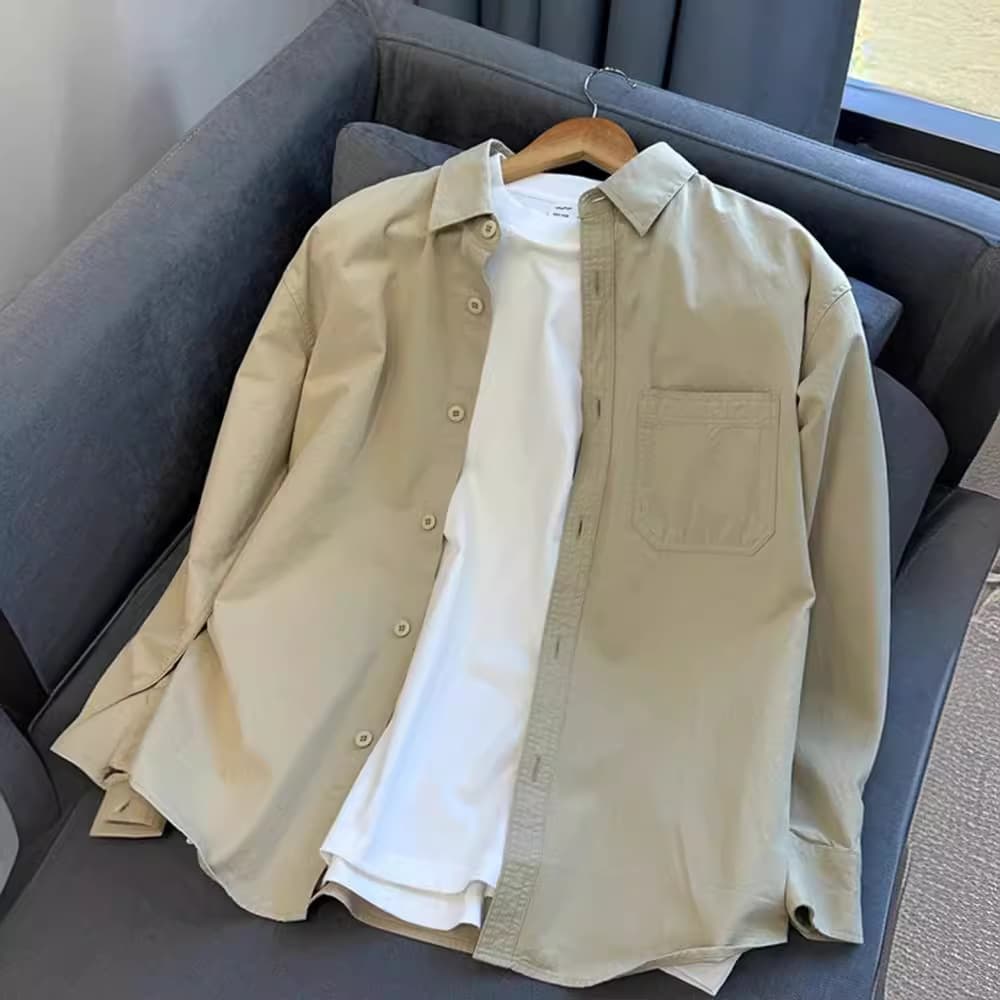 New khaki pure cotton workwear shirt for men in spring, trendy retro style, casual long sleeved shirt with outerwear
