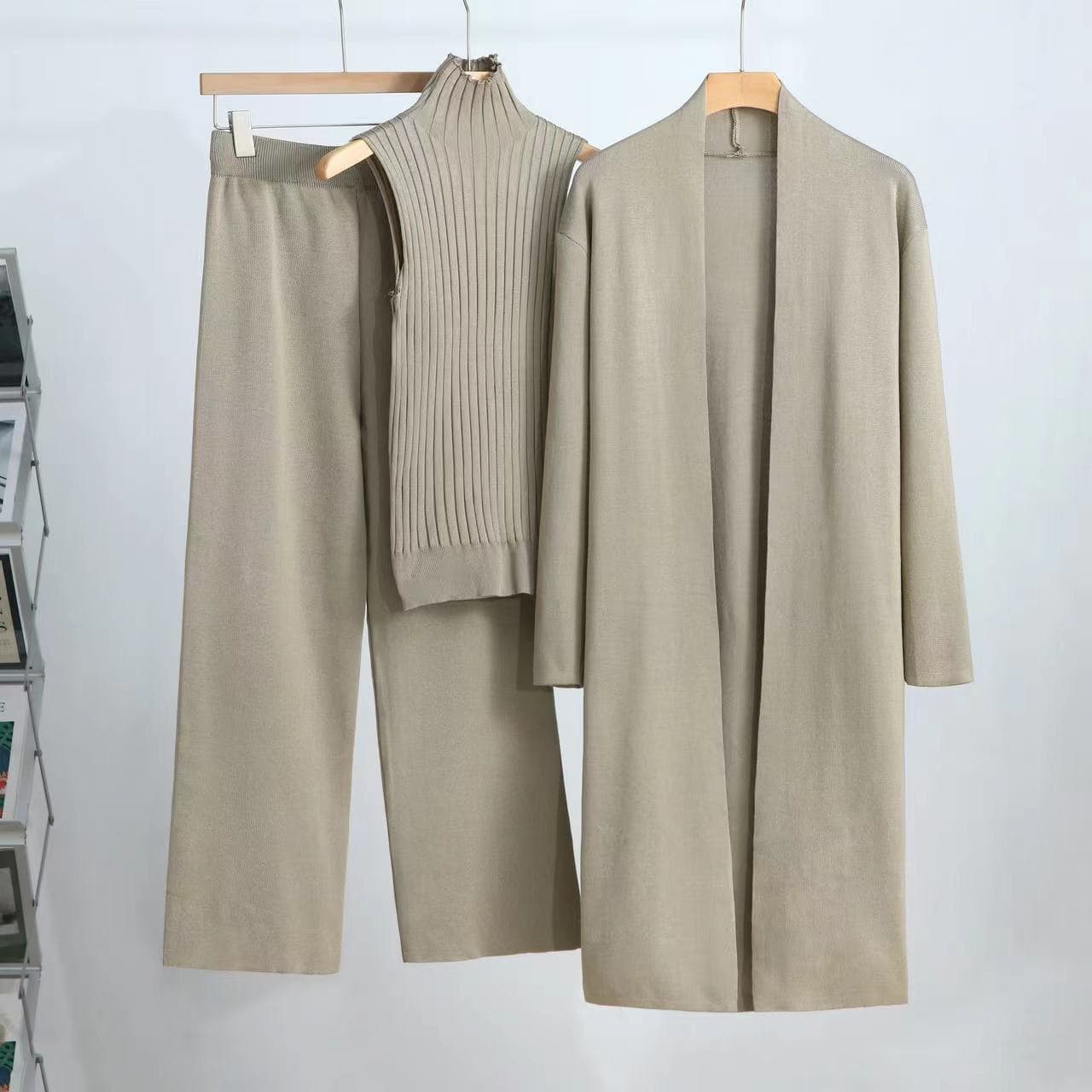 Elegant Knit Lounge Set - Sleeveless Vest, Cardigan & Pants (3-Piece Outfit, Solid Colors, Versatile Sizing)