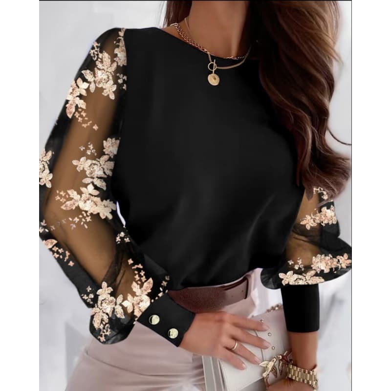 Women's Clothing Long Sleeve Fashion Round Neck Petal Sleeve Shirt Blouse