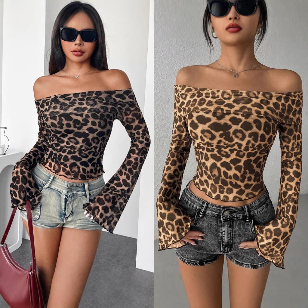 Women's Clothing New Sexy One Shoulder Long Sleeved T Shirt Leopard Print Mesh Top Sexy Hot Girl