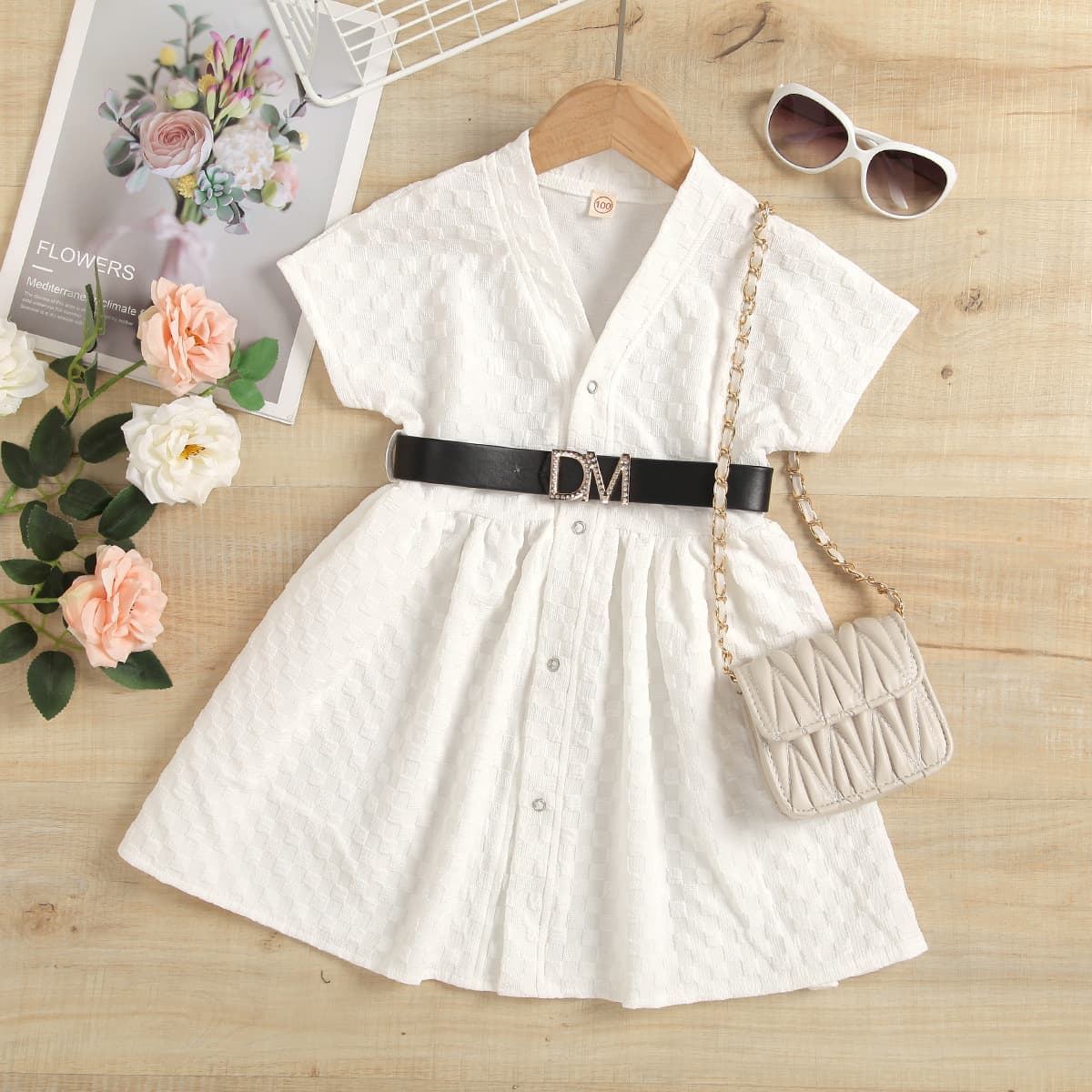 Mother & Kids Children's Clothing Girls Summer Children's Skirt Solid Color Square Stretch Air Plaid Short Sleeved Petticoat With Belt