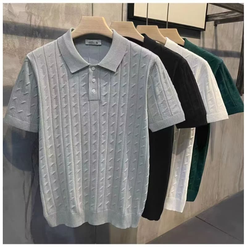 Men's Slim Fit Short Sleeve Polo Shirt High End Korean Style Solid Color Casual Knit Top Trendy Lapel Summer