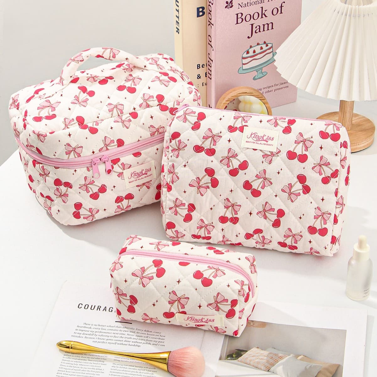 Simple Small Fresh Cherry Bow Cosmetic Bag Large Capacity Multifunctional Storage Bag