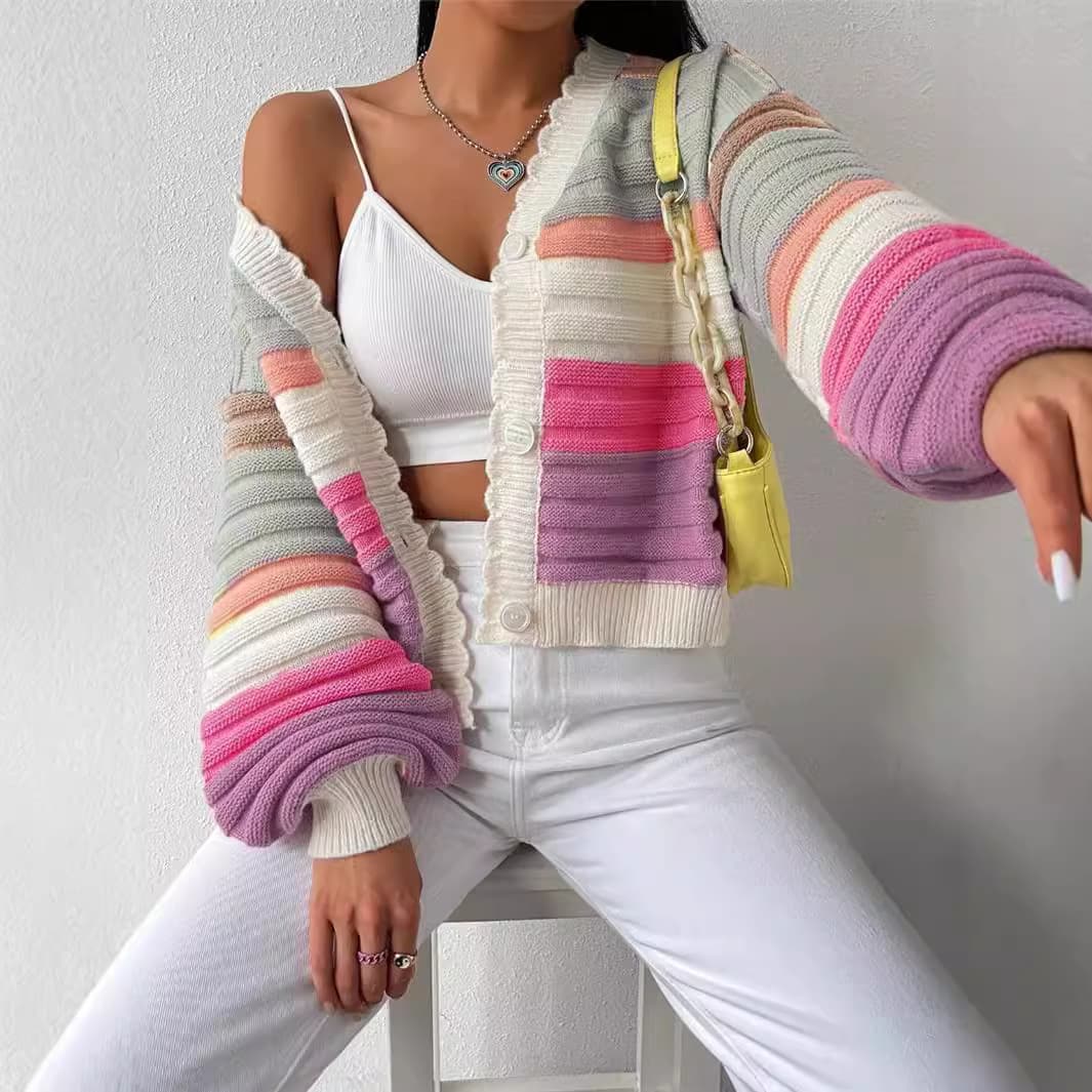 Women's Clothing Rainbow Striped Lantern Sleeves