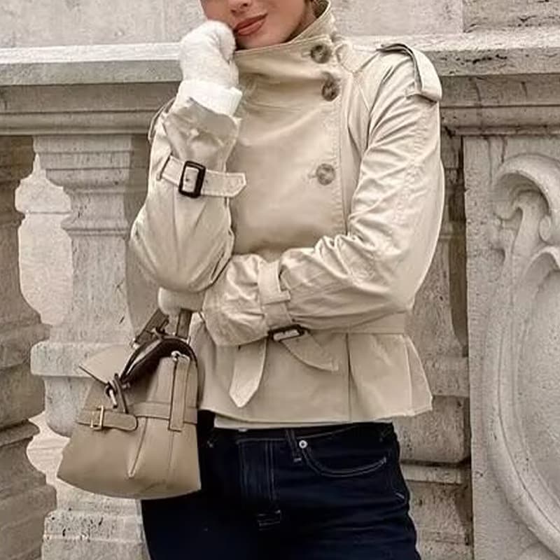 ​​Women's Double Breasted Short Trench Coat – Stylish Autumn Outerwear, Lightweight Polyester, Classic British Style, Casual & Office Wear