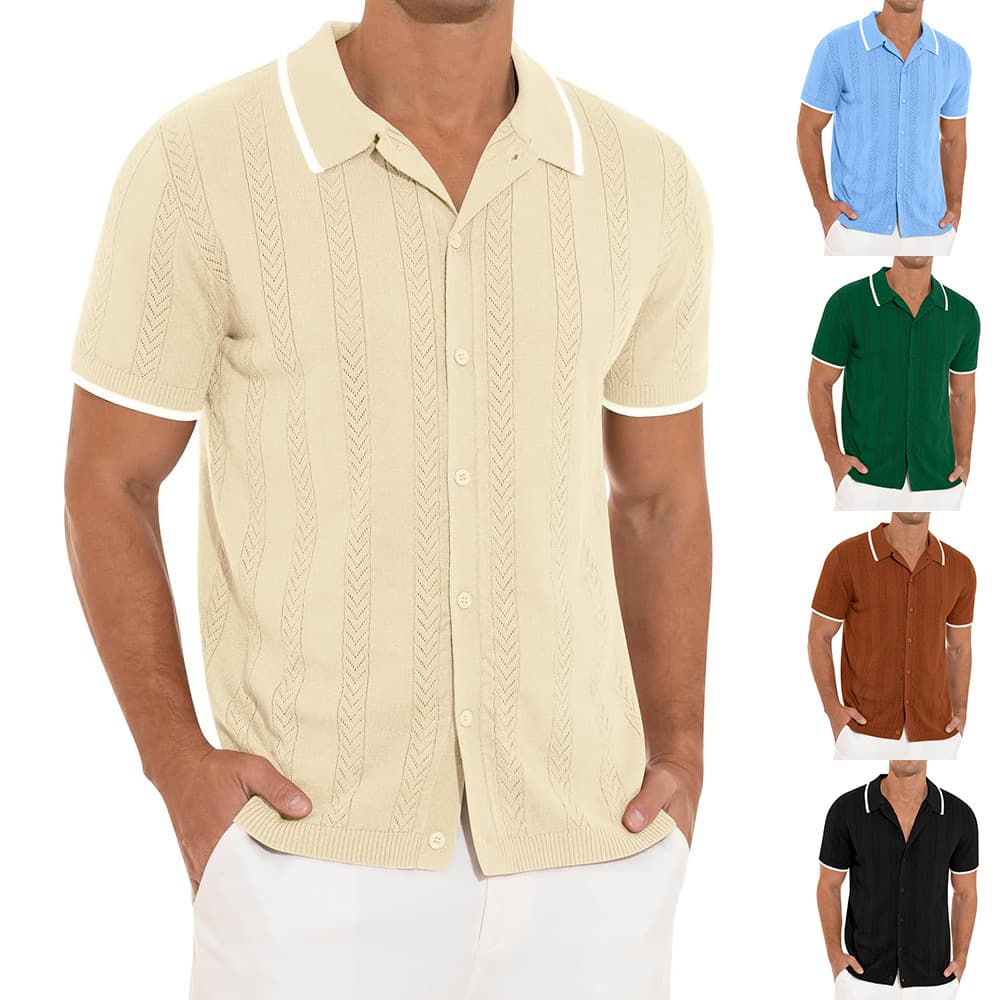 Men's Clothing Casual Knitted Solid Color Short Sleeved Splicing Hollow Breathable Tops