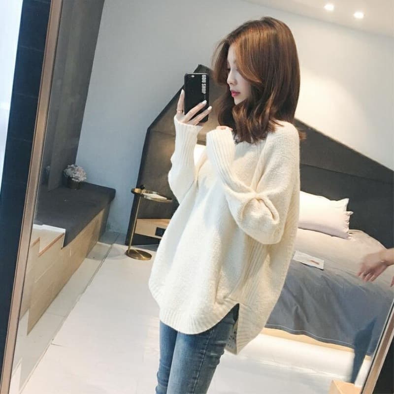 Women's V-Neck Knit Sweater Longline Loose Fit Casual Pullover Top - Soft Acrylic Blend Yarn, Comfortable & Stylish For Autumn