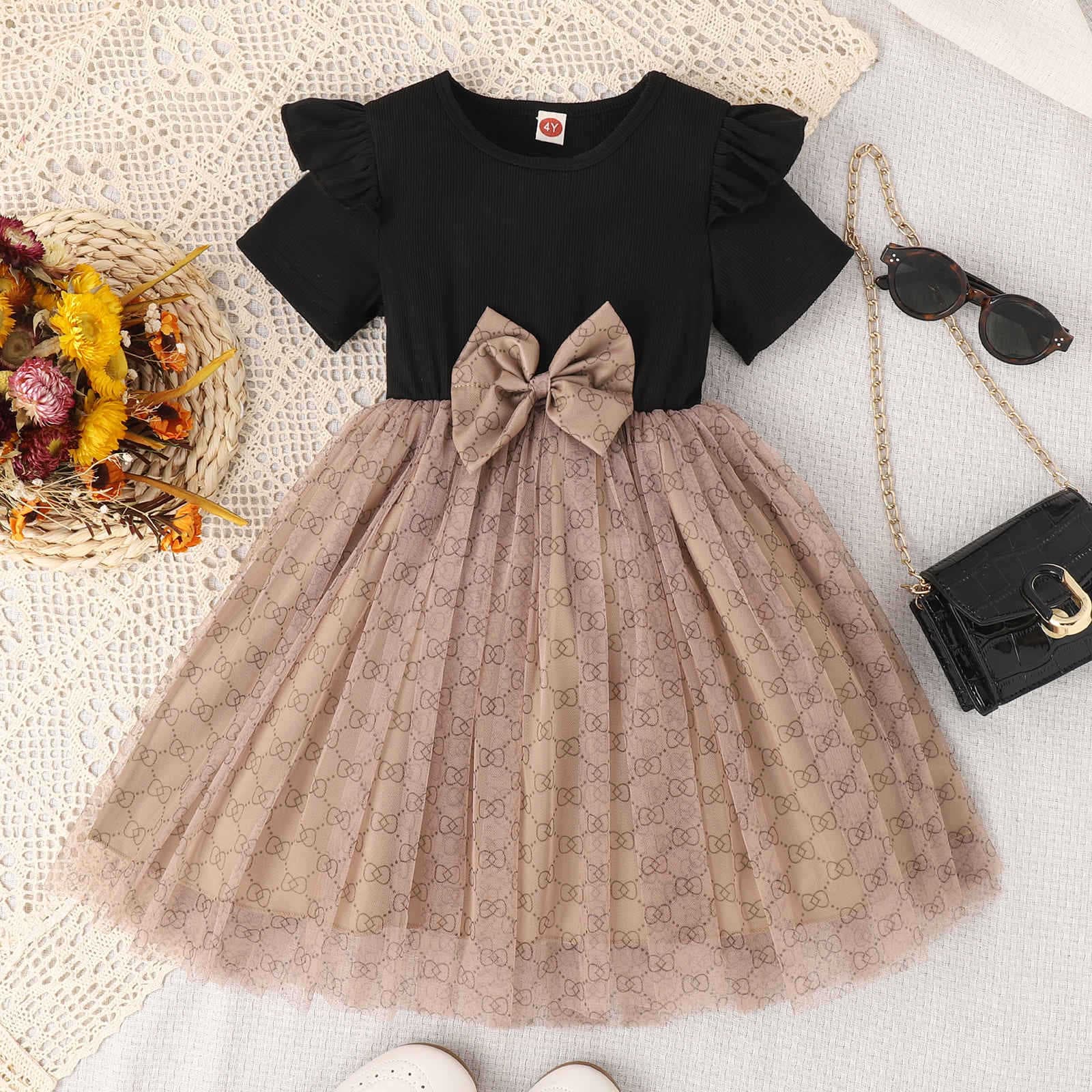 Baby clothes Children's breathable short sleeve Presbyterian print with bow mesh skirt dress for girls