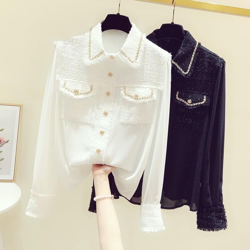 ​​French-Inspired Loose Fit Blouse – Elegant Chanel-Style Top For Women (Black/White, S-3XL, Lightweight & Breathable)​​
