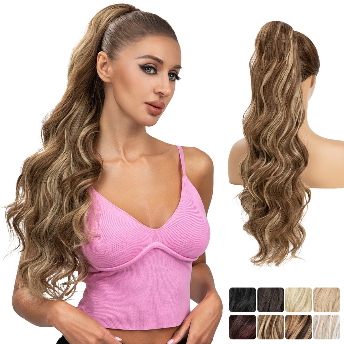 New European and American wig ponytail female long curly hair drawstring chemical fiber ponytail water ripple high temperature silk ponytails