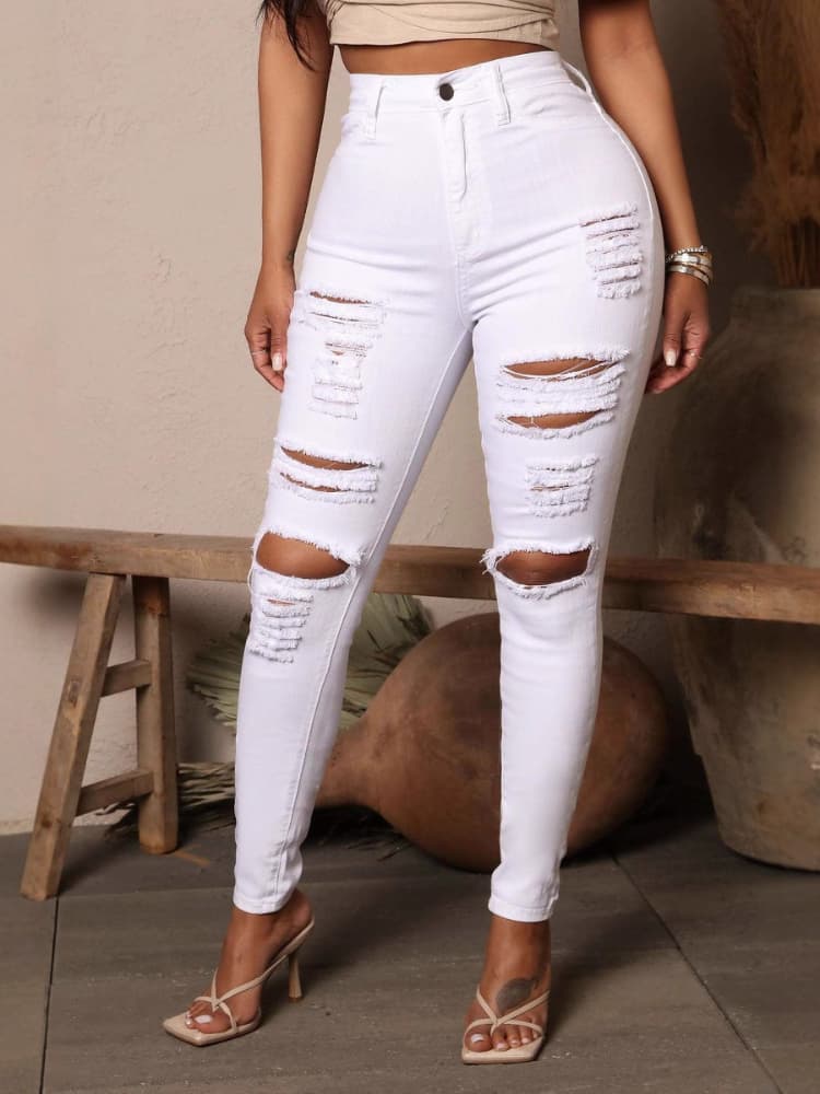 K New Black And White Elastic Ripped Jeans For Women's Legs