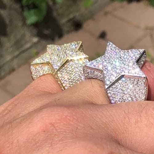 Hip Hop Full Diamond Micro Pave Pentagram Ring Men's Jewelry