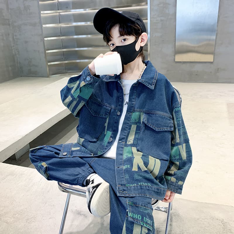 Boys Suits New Handsome Middle And Large Children's Spring And Autumn Style Denim Jackets Fashionable Children's Pants Street
