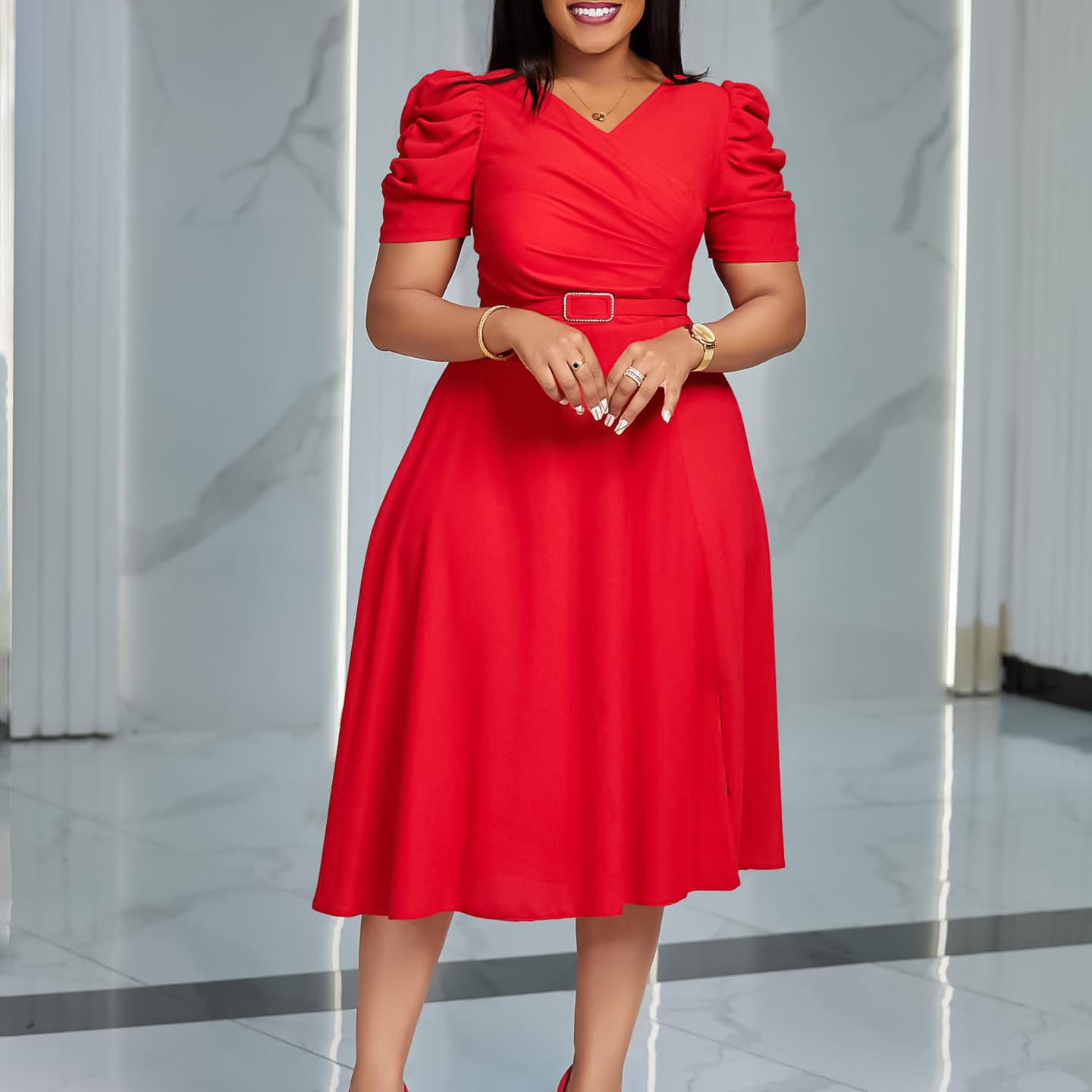Women's Clothing Fashion Temperament Elegant V Neck Pleated Large Swing Skirt
