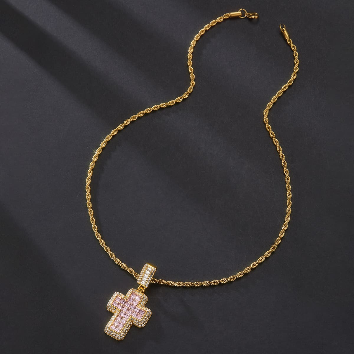 Cross pendant necklace full of diamonds and colored zircon stainless steel twist chain hip hop trend