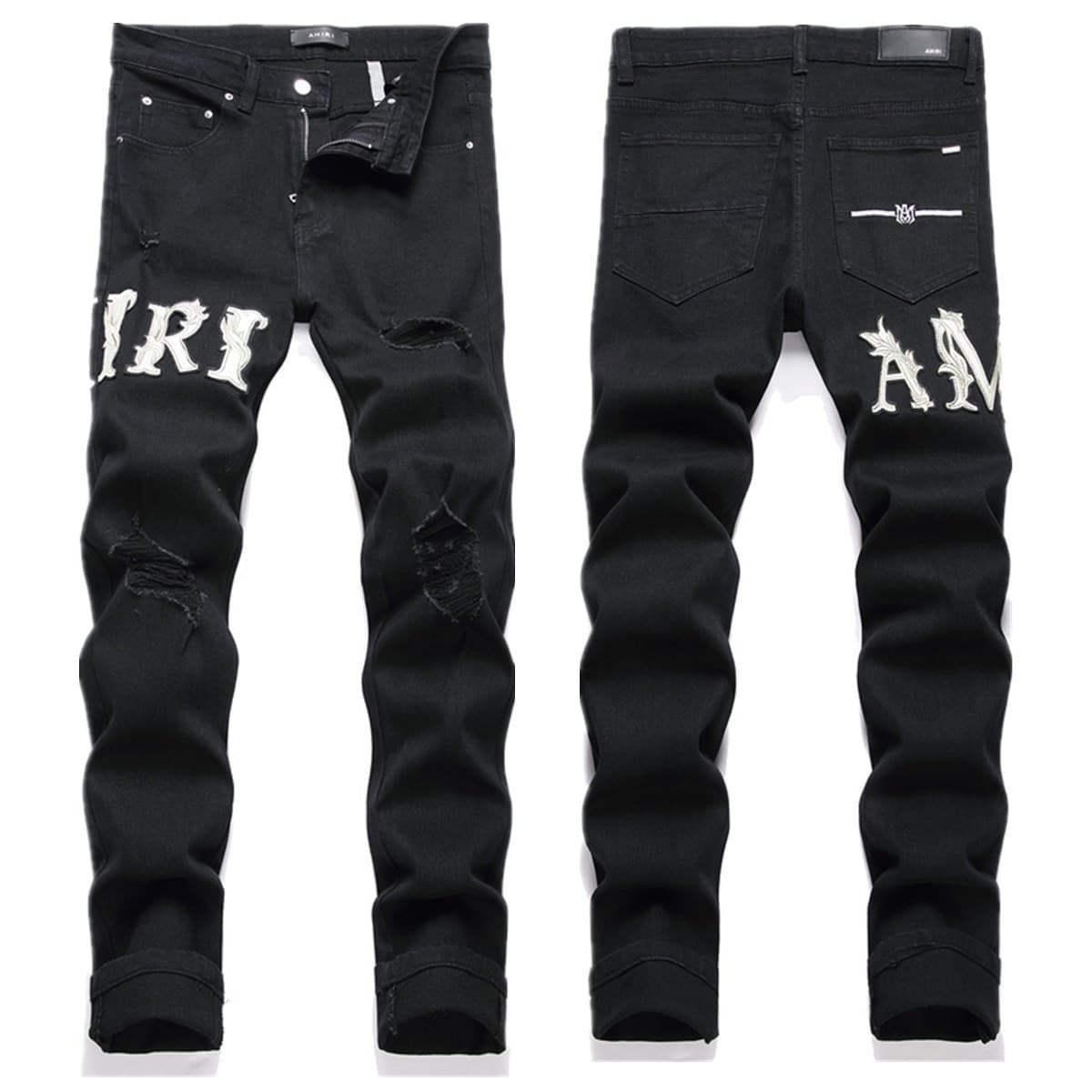 Jean slim élastique noir perforé et brodé pour homme, coupe étroite, marque 2025