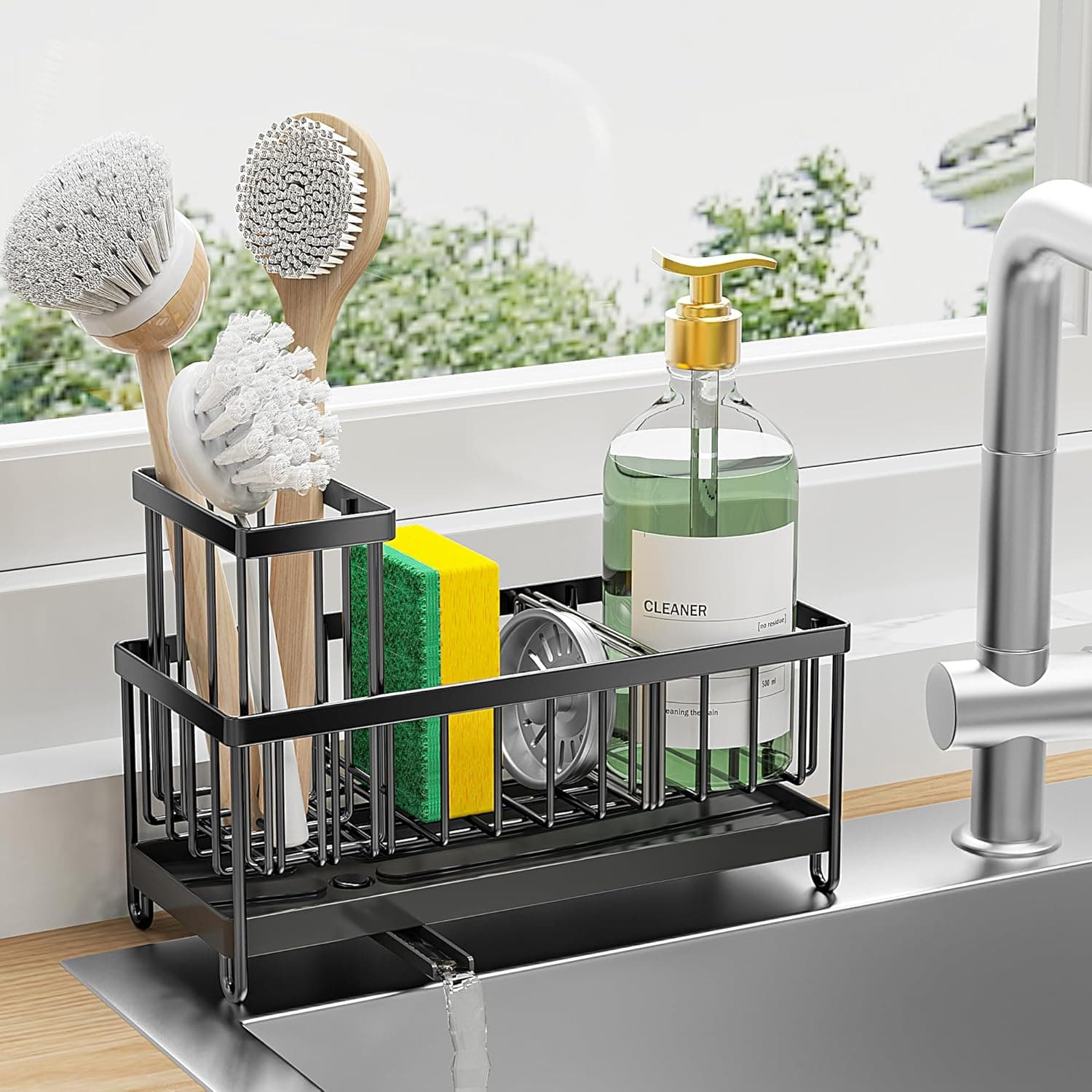 Rotating Sink Organizer - Stainless Steel Sponge Holder With Drip-Free Spout & Brush Storage Space-Saving