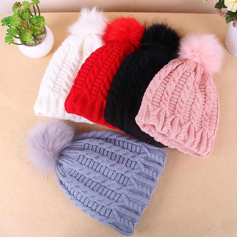 Women's Winter Knit Beanie With Faux Fur Pom Pom – Thick & Warm Ribbed Design, Soft Acrylic Earflap Hat For Cold Weather Ear Protection Hat