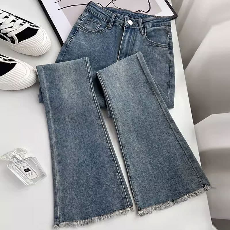 Women's Clothing Retro flared jeans high waist elastic slim straight horseshoe trousers raw edge mopping flared pants