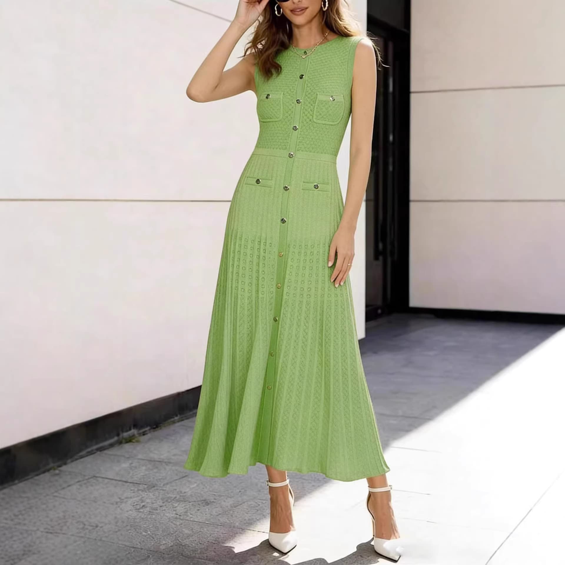 Women's Slim Fit Knitted Vest Dress European American Style round Neck Sleeveless See through Long Dress Summer 2026